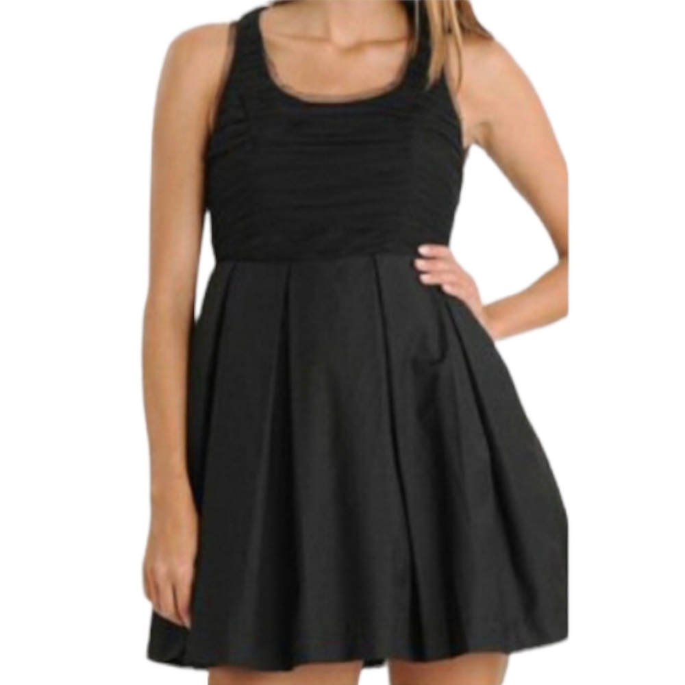 FOREVER 21 TWIST Tulle Pleated Sleeveless Racerback Fit & Flare Black Dress L